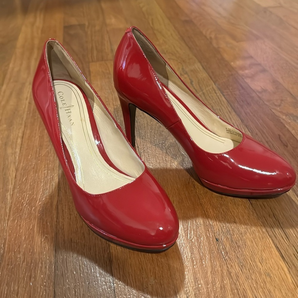 Cole Haan Chelsea high pumps, 3” heel, red patent leather, size 6.5